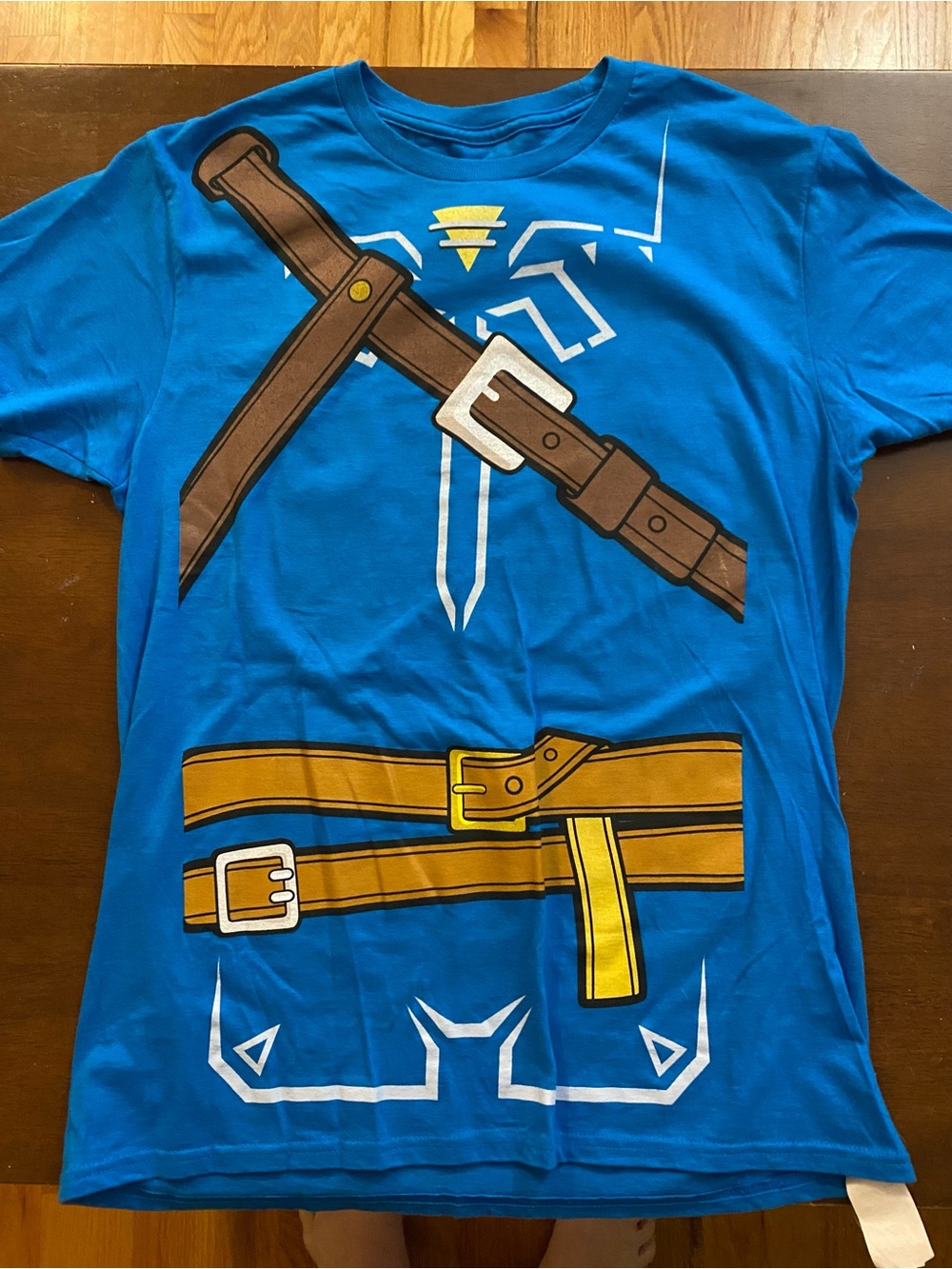 Zelda Blue Graphic Tee with Brown and Gold Belt Print